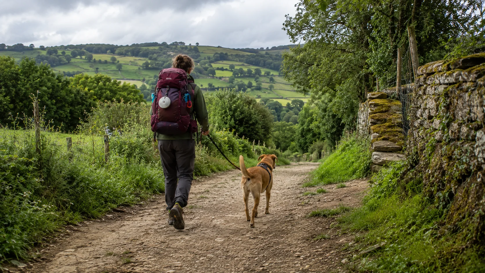 Peregrino con su perro caminando por el Camino de Santiago