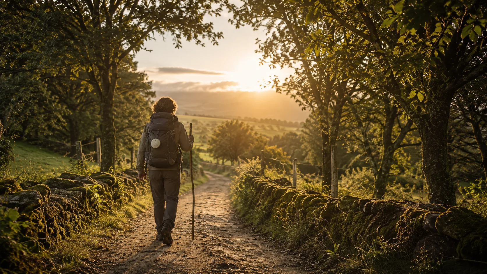 Peregrino con mochila en la Rúa Maior de Sarria al inicio del Camino de Santiago
